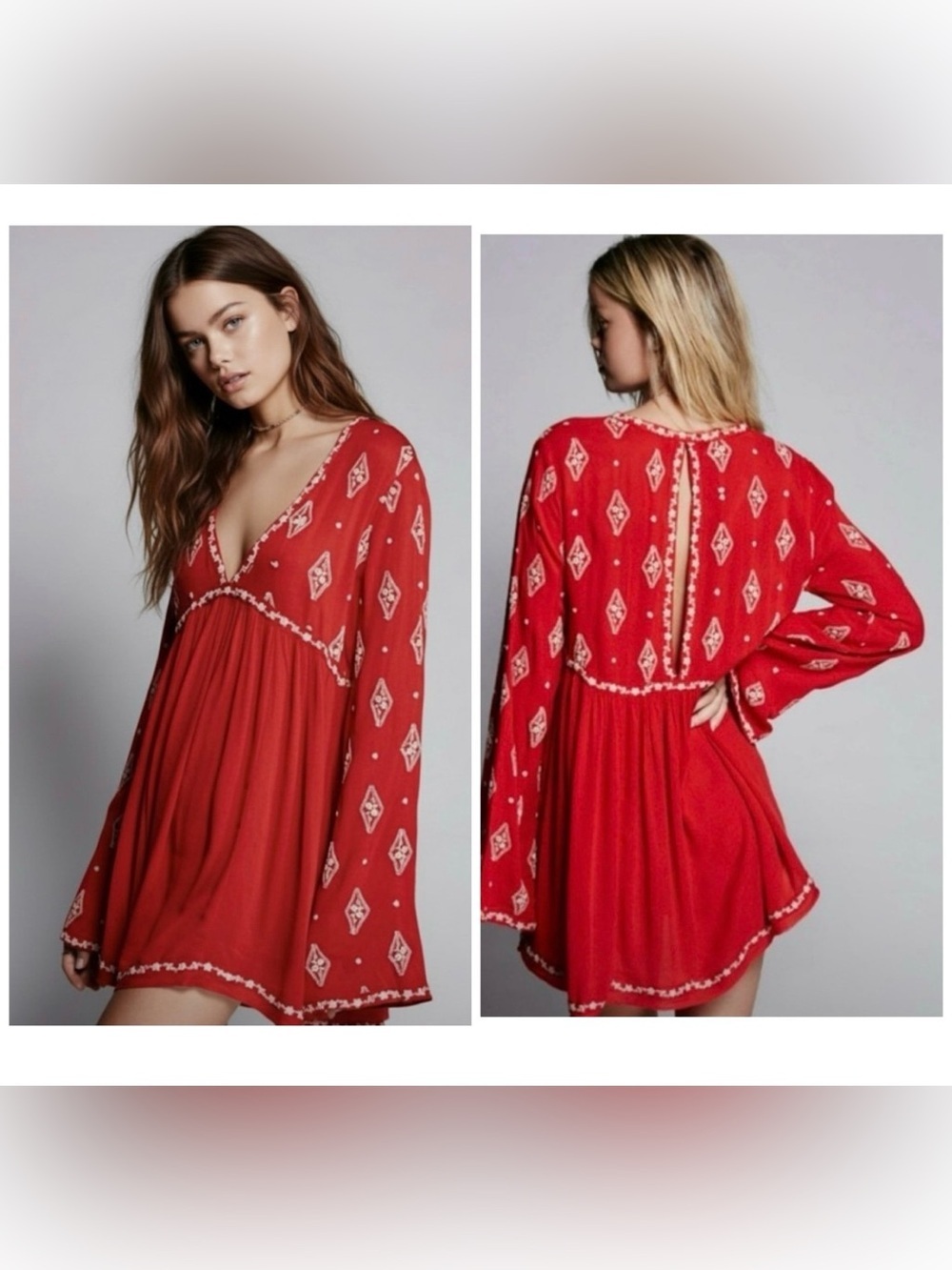 Free People Red Embroidered V-Neck Tunic